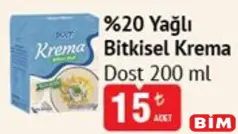 DOST %20 YAĞLI BİTKİSEL KREMA 200 ML fiyat ve kampanya bilgisi
